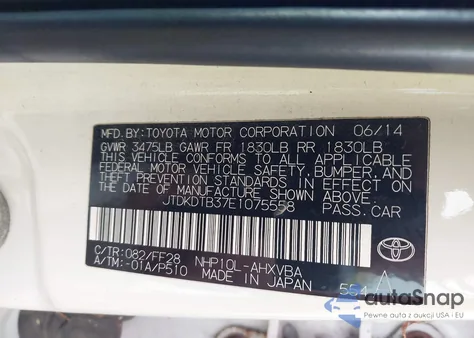 2014 Toyota Prius C Two из США, поврежденный, VIN JTDKDTB37E1075558